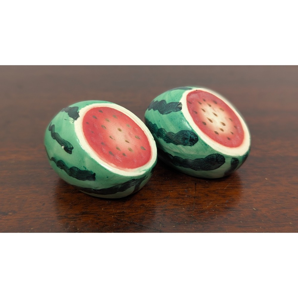 Vintage Japan Watermelon Salt Pepper Shakers Hand Painted Ceramic Cork Pair